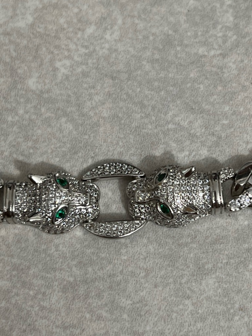Silver Crystal Panther Head Bracelet set with Green Eyes